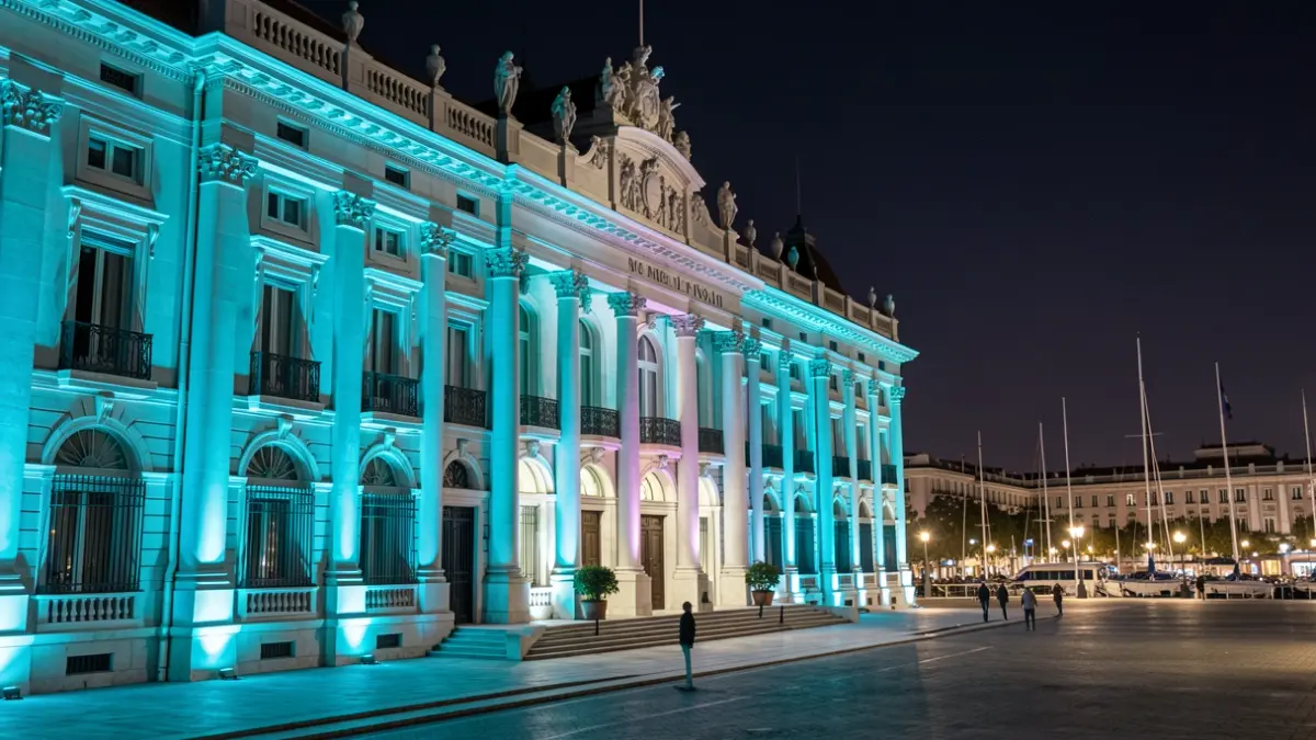 Fachada del Senado iluminada de azul turquesa por la noche.