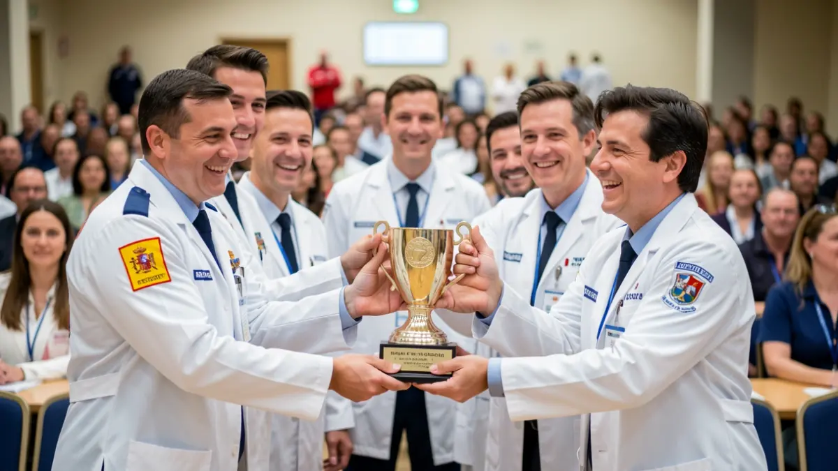 Equipo del SUMMA 112 recibiendo el tercer puesto en una competición europea de medicina de emergencias en París.