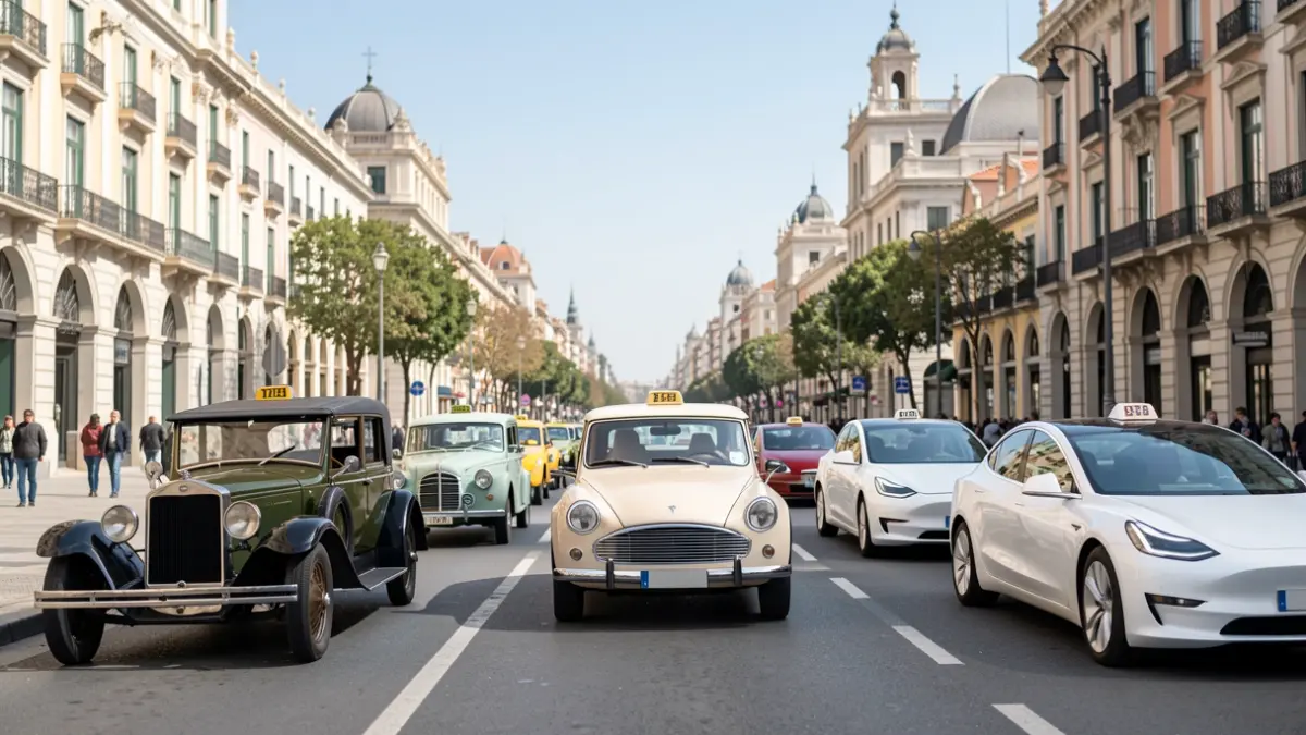 Exhibition of historic and electric taxis in Madrid during European Mobility Week.