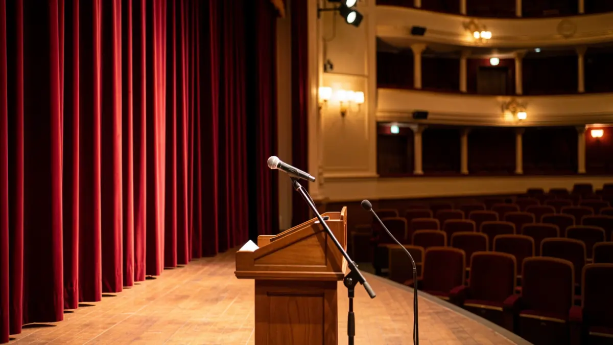 Theater stage with velvet curtains and cultural atmosphere.