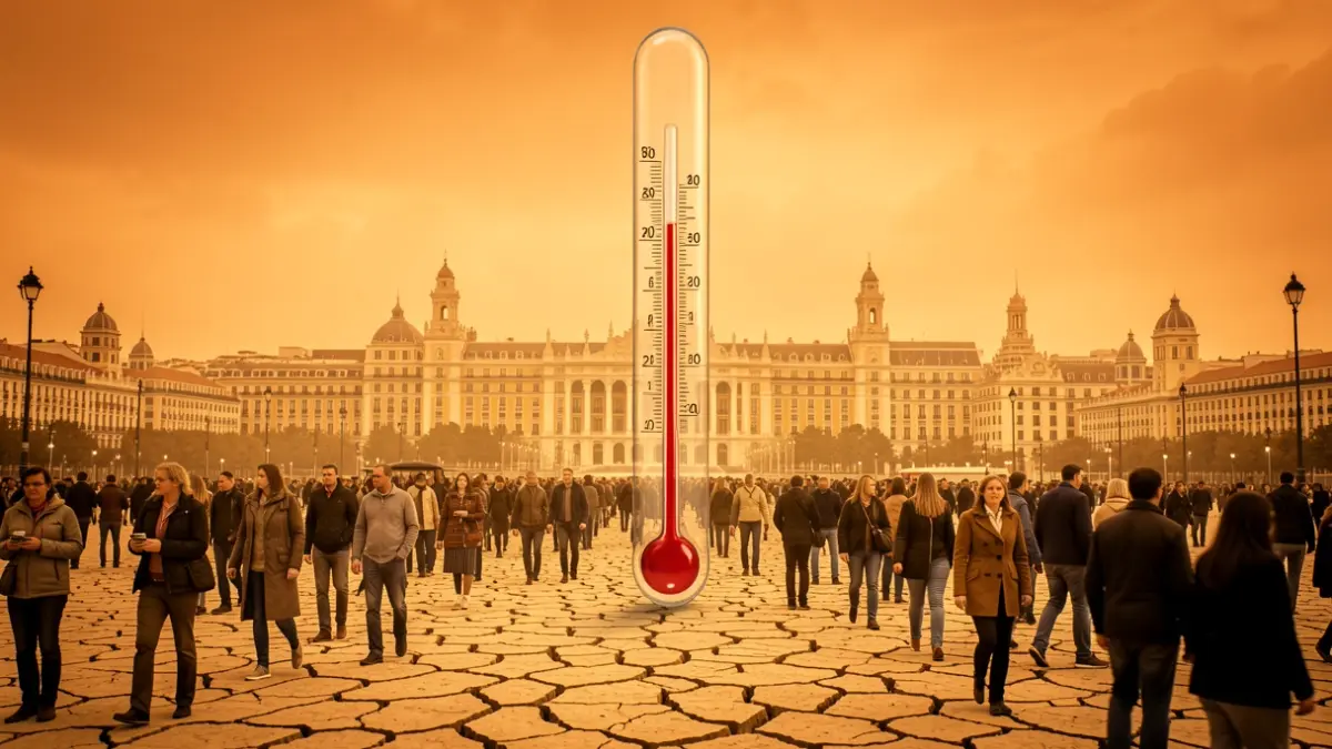 Generic image of a thermometer showing a very high temperature over the Madrid skyline, with an orange sky and dry earth texture.