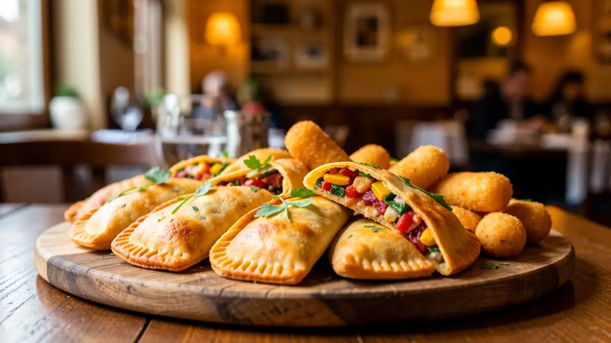 Plato variado de empanadas venezolanas y tequeños en un restaurante.