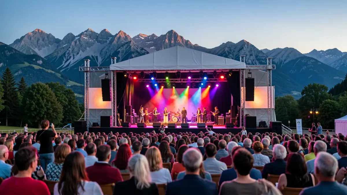 Scene of an outdoor performing arts festival in San Lorenzo de El Escorial, with an illuminated stage and mountains in the background.
