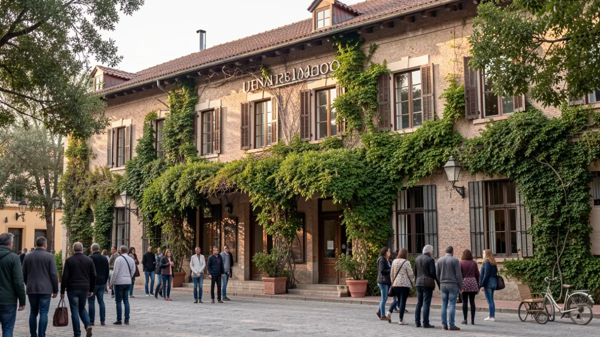 Facade of the Quinta de los Molinos cultural center in Madrid, with elements of agricultural architecture and greenery.