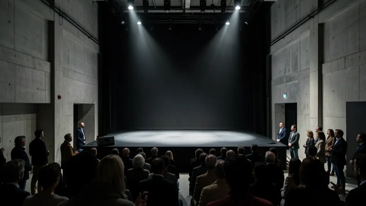 Escena minimalista del escenario del teatro Nave 10 Matadero en Madrid, con focos de luz y detalles arquitectónicos.