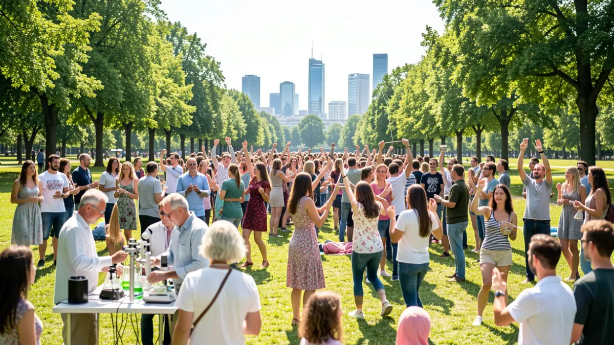 Generic image of a community event in a park with scientific demonstrations and dancing.