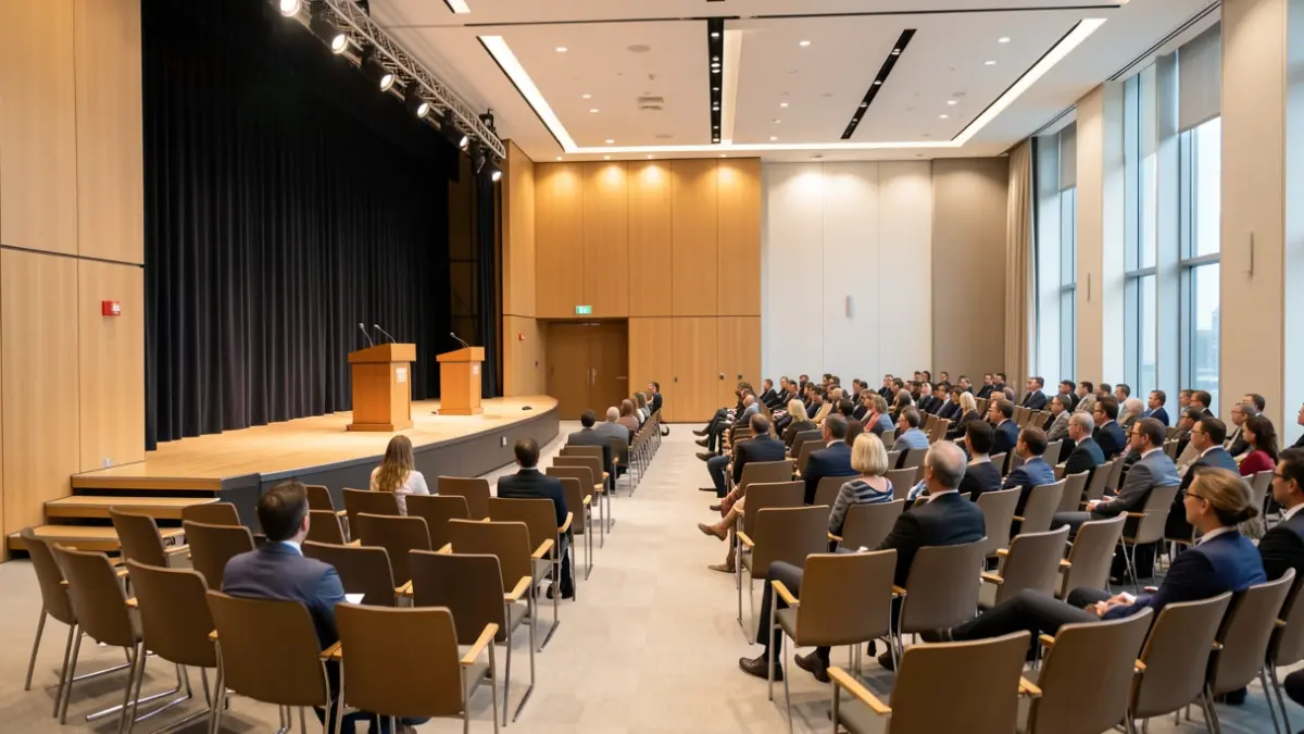 Generic image of a conference hall interior with a stage and empty chairs.