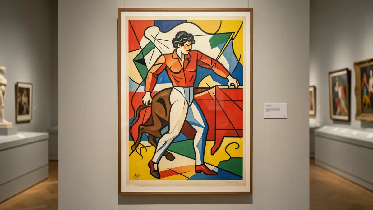 Avant-garde bullfighting poster, reminiscent of Picasso's style, displayed in a museum.
