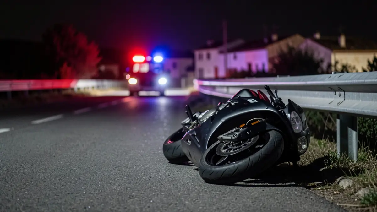Imagen de una motocicleta accidentada en la M-516 de Boadilla del Monte por la noche, con luces de emergencia.