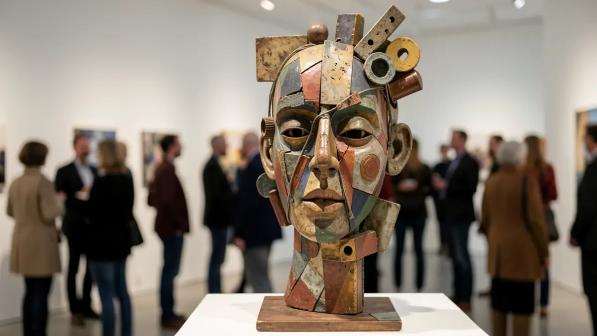 Escultura contemporánea de arte con materiales mixtos, expuesta en una galería.