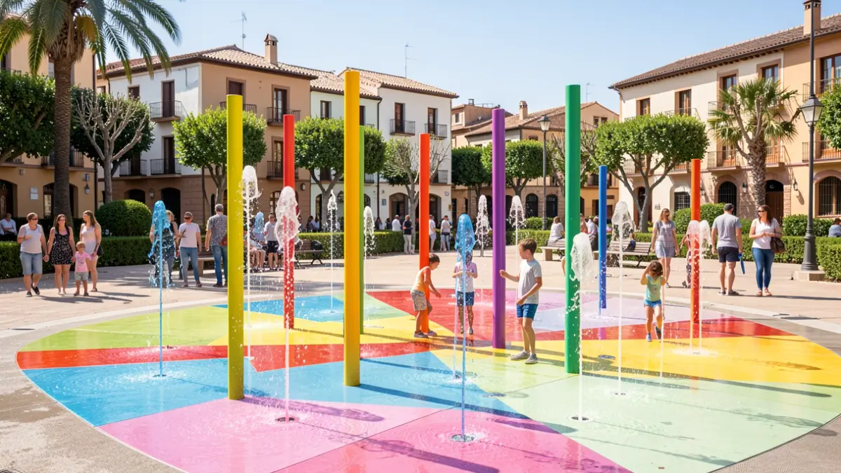 Generic image of a modern water park with water features and families enjoying themselves.
