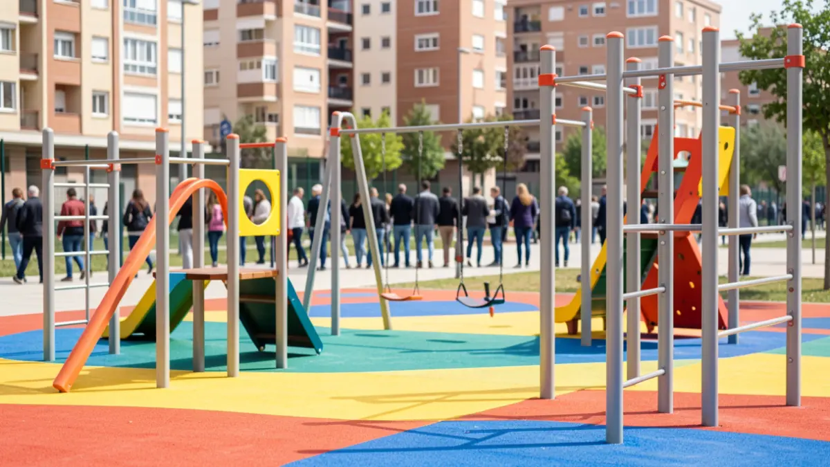 Imagen de un área infantil moderna con suelo de seguridad y estructuras de juego.