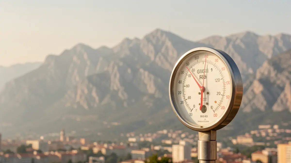 Thermometer showing high temperature with Madrid's Sierra mountains in the background and a hazy sky.