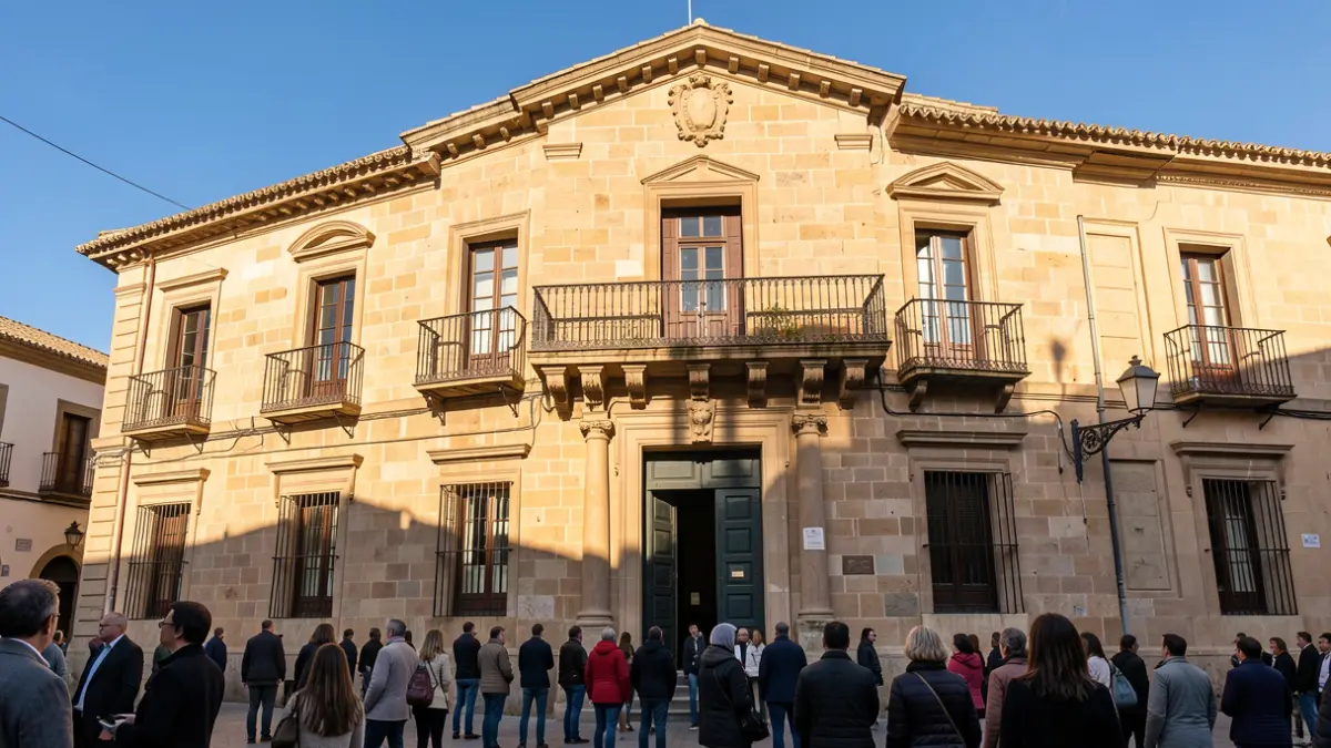 Facade of a traditional stone town hall in Madrid with balcony and iron railings, afternoon sunlight.