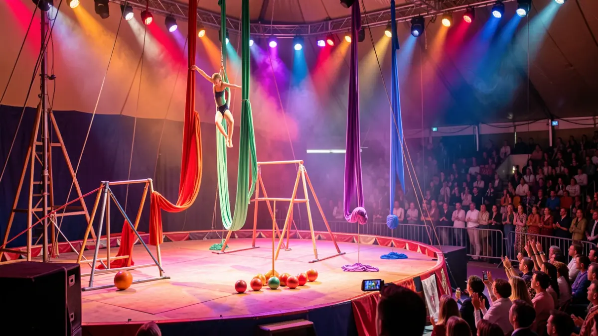 Imagen genérica de un escenario de circo con equipamiento acrobático y luces de colores.