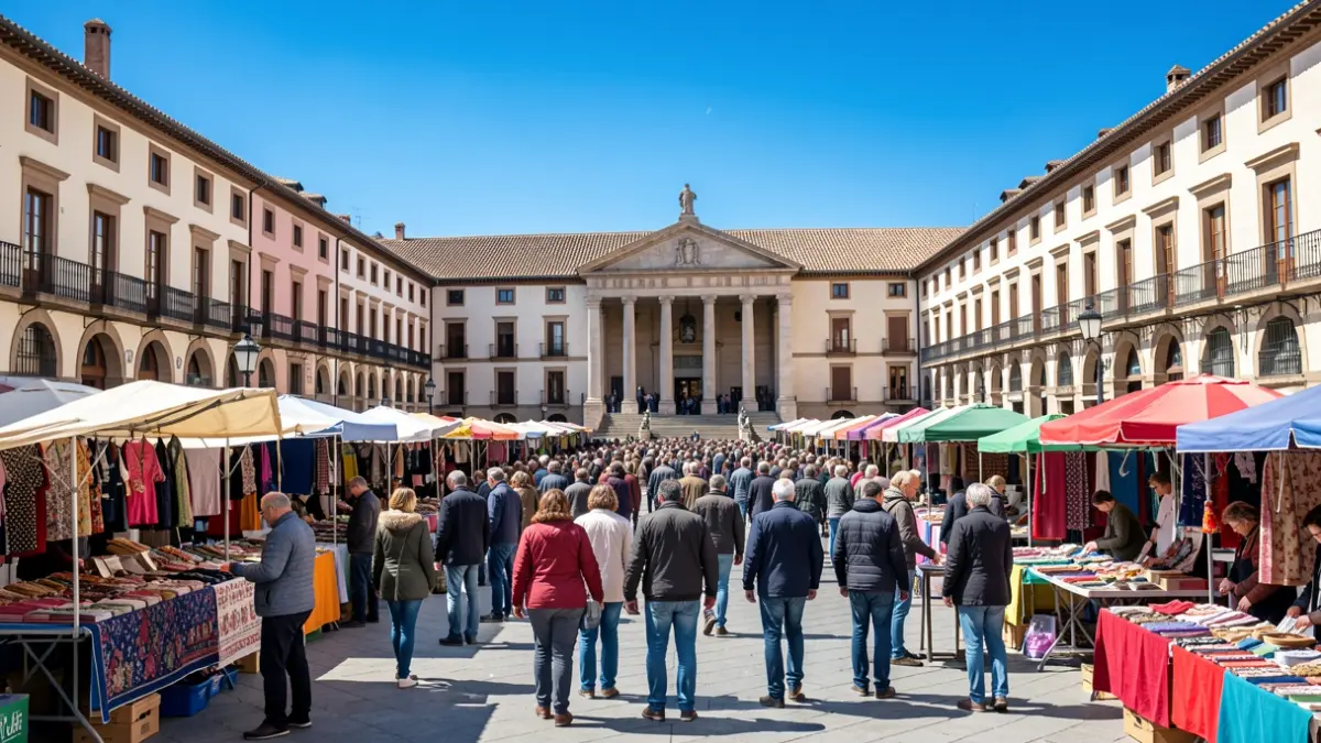 Generic image of a Spanish town square with market stalls and people.