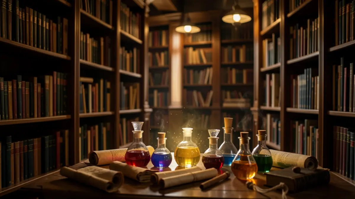 Imagen genérica de una biblioteca con temática de Harry Potter, mostrando botellas de pociones y libros.