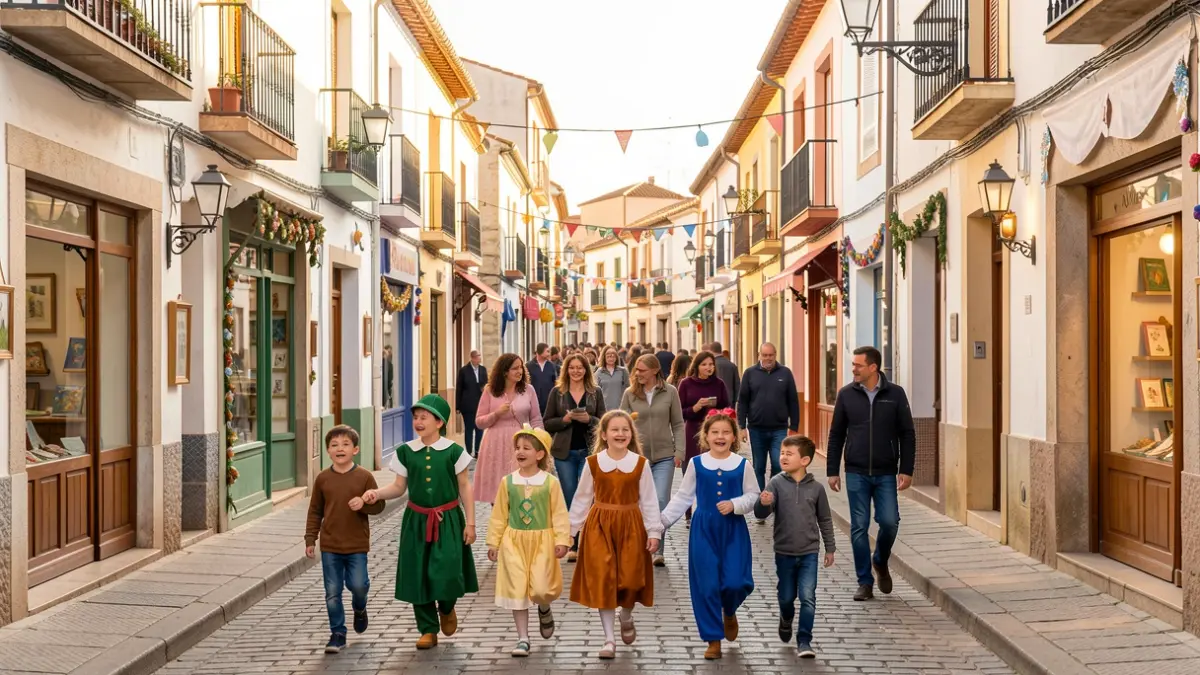 Familias disfrazadas de personajes de cuento participan en la III Ruta del Cuento por las calles de Galapagar.