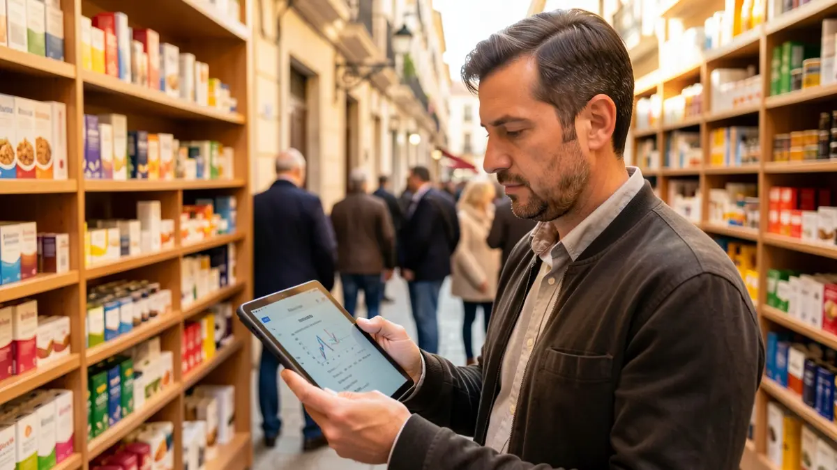 Generic image of a shopkeeper analyzing a business plan on a tablet in their store.