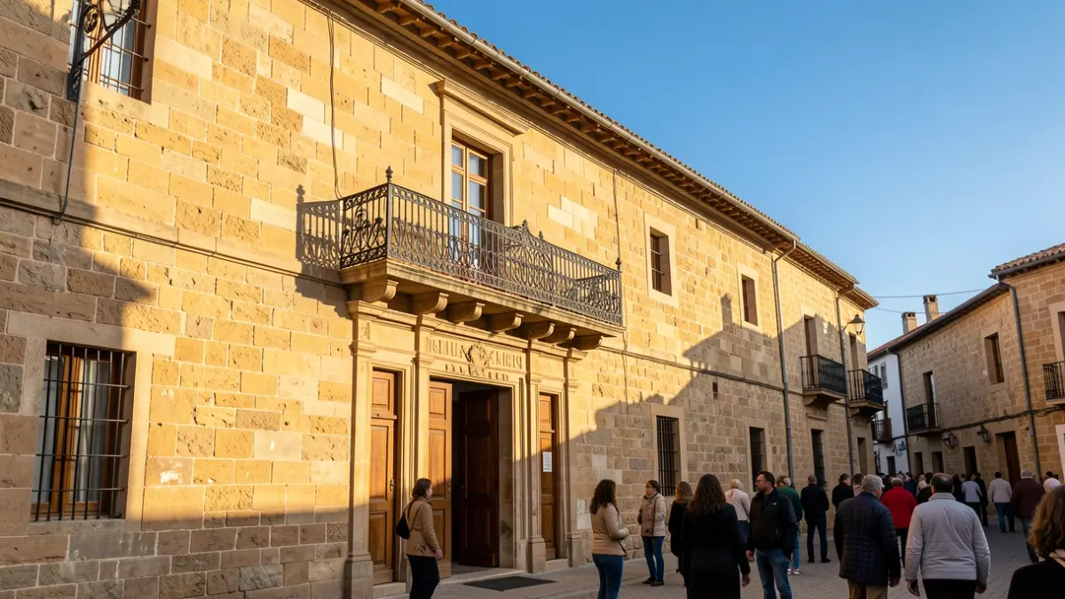 Fachada del Ayuntamiento de Galapagar con balcón y barandillas de hierro, luz de sol de la tarde.