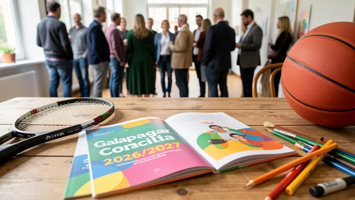 Open brochure 'Galapagar Concilia 2026/2027' on a table with sports and art materials.