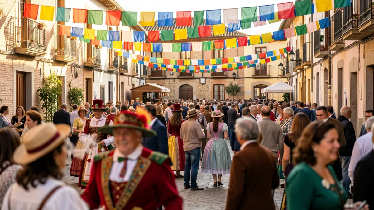 Imagen genérica de una plaza de pueblo español durante una fiesta local con ambiente festivo.