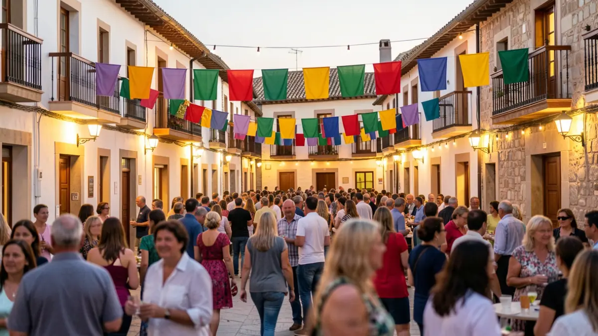 Galapagar town square during the patron saint festivities, with a festive atmosphere and local architecture.
