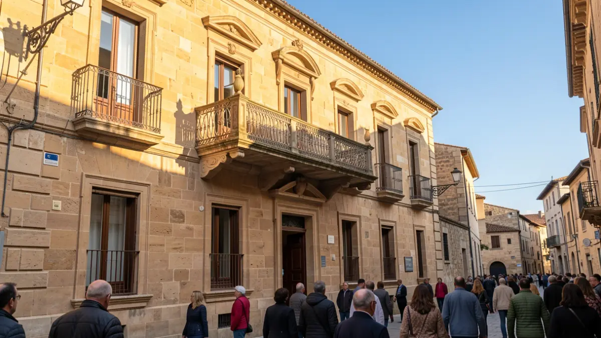 Facade of a stone town hall with balcony and iron railings, afternoon light.