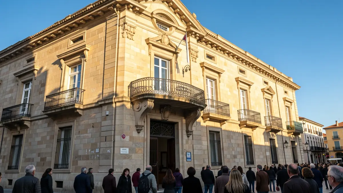 Fachada del Ayuntamiento de Getafe con balcón y sol de tarde.