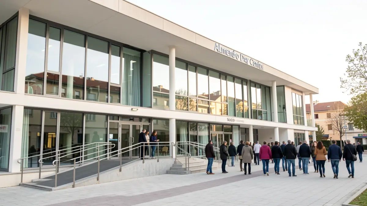 Facade of the Almendro Day Center in Getafe, a modern building with large windows and accessible ramps, bathed in soft daylight, symbolizing care and community.