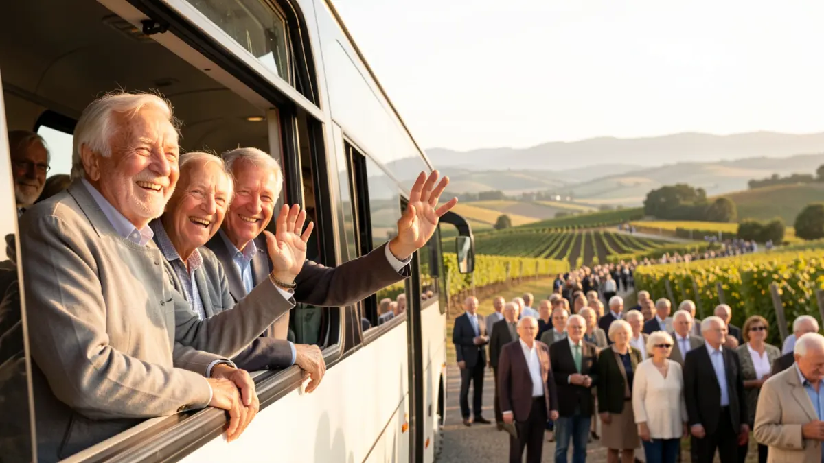 Generic image of elderly people enjoying a bus trip through a rural landscape.