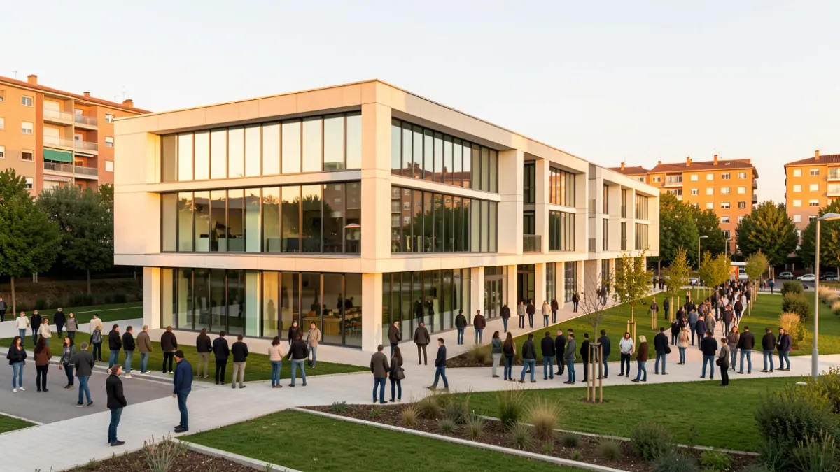 Fachada de un moderno centro cívico y cultural en Getafe.