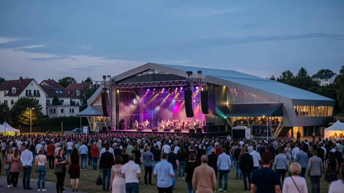 Imagen genérica de un recinto de conciertos al atardecer con luces de escenario y público difuminado.