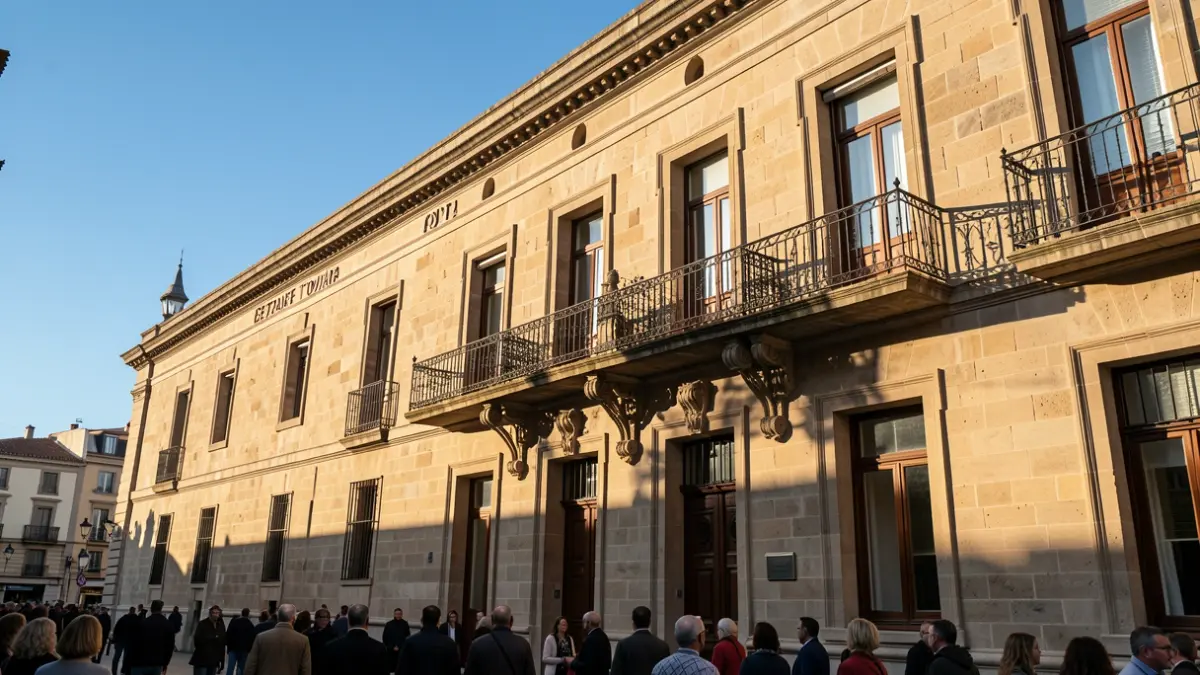 Fachada del Ayuntamiento de Getafe con balcón y barandillas de hierro, bajo la luz del sol de la tarde.