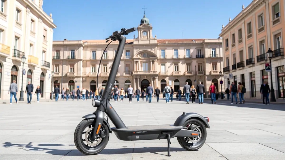 Patinete eléctrico moderno aparcado en una calle de Getafe con el Ayuntamiento al fondo.