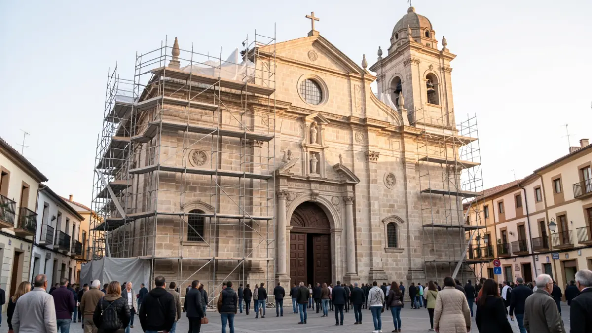 Fachada de la antigua iglesia de Santos Justo y Pastor en Perales del Río, Getafe, en proceso de rehabilitación para centro de interpretación.