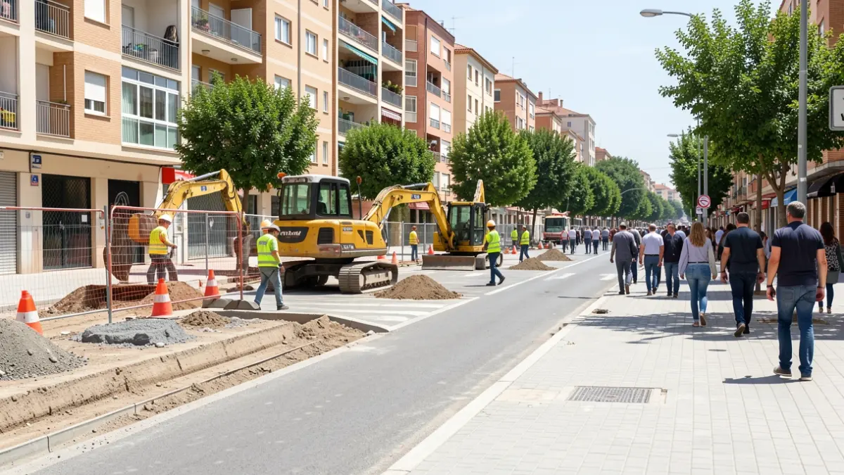 Obras de remodelación en la calle Doctor Barraquer de Getafe para crear un salón urbano peatonal.