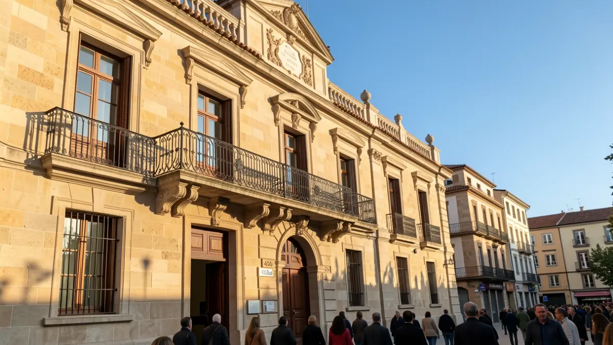 Facade of the Getafe City Hall with balcony and iron railings, under warm afternoon light.