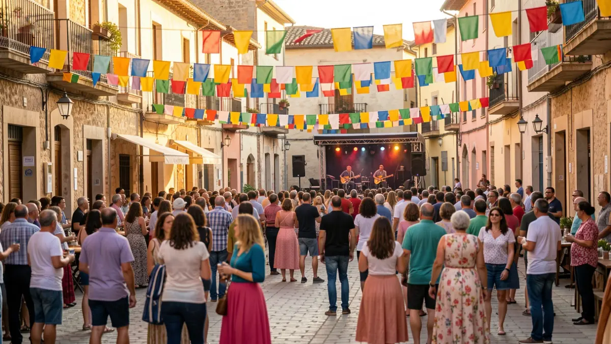 Generic image of a street festival in a Spanish square with crowds and performances.