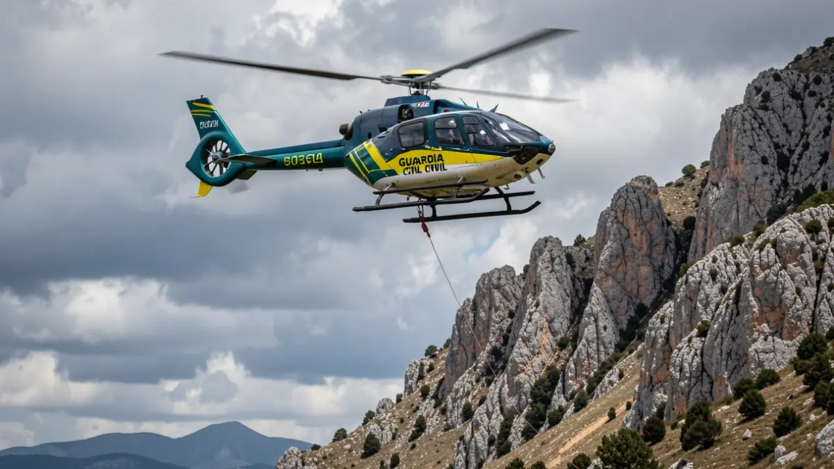 Guardia Civil rescue helicopter operating in the Sierra de Madrid.