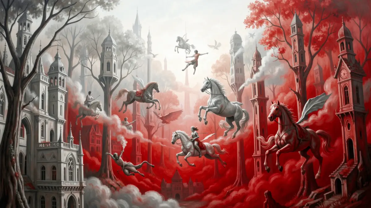 Surreal painting with floating figures, flying horses, and stylized trees, featuring a desaturated color palette transitioning to intense reds.