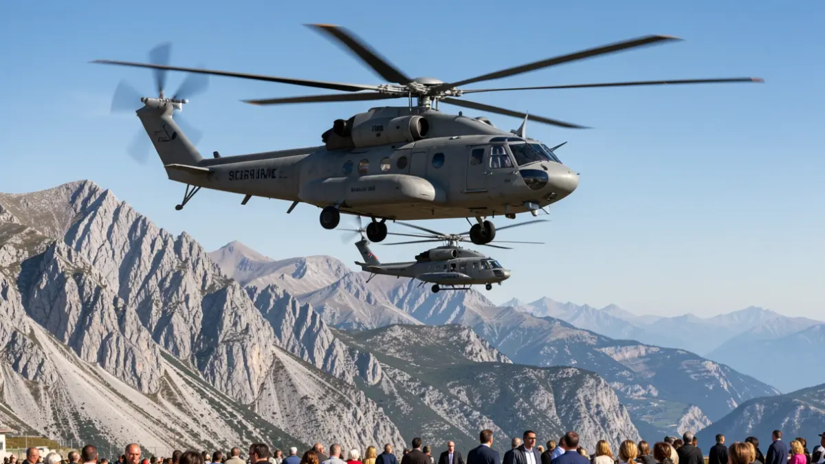 Military Chinook helicopter transporting an accidented Guardia Civil helicopter over the Sierra de Gredos mountains.
