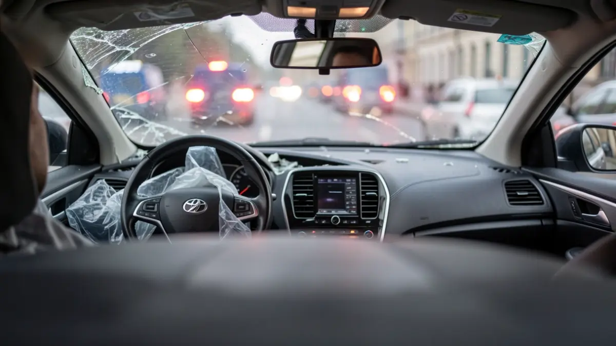 Generic image of a car interior with deployed airbags after an accident.
