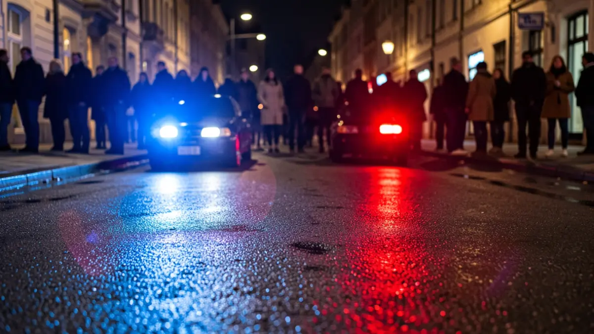 Generic image of police emergency lights reflecting on wet asphalt at night.