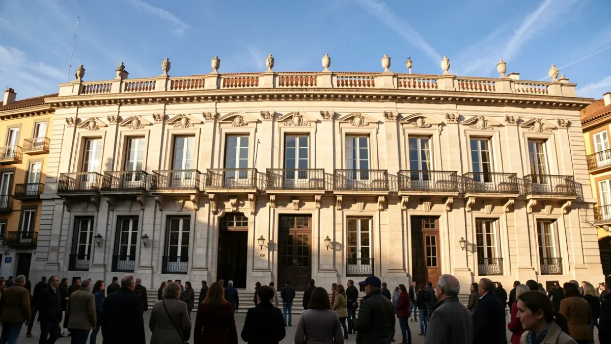 Fachada de un ayuntamiento madrileño con arquitectura clásica y balcón, bajo la luz del sol de la tarde.