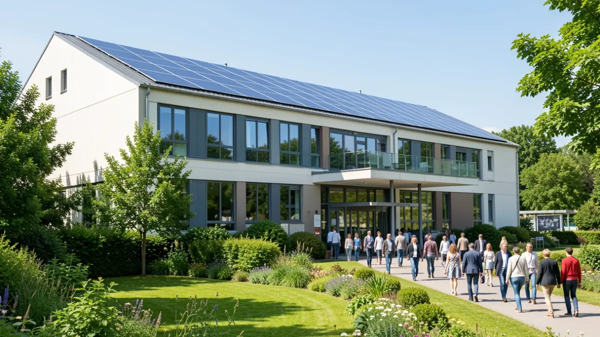 Generic image of a modern, sustainable hospital with solar panels.