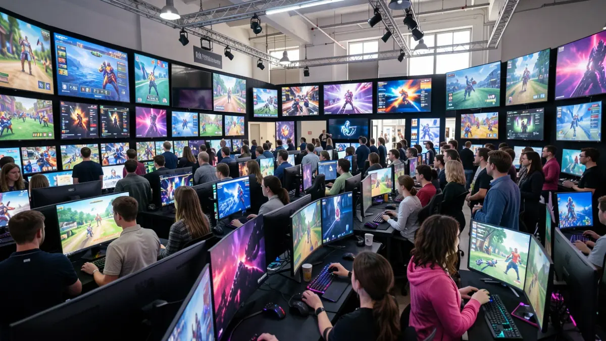Imagen de una sala de videojuegos con consolas y pantallas.