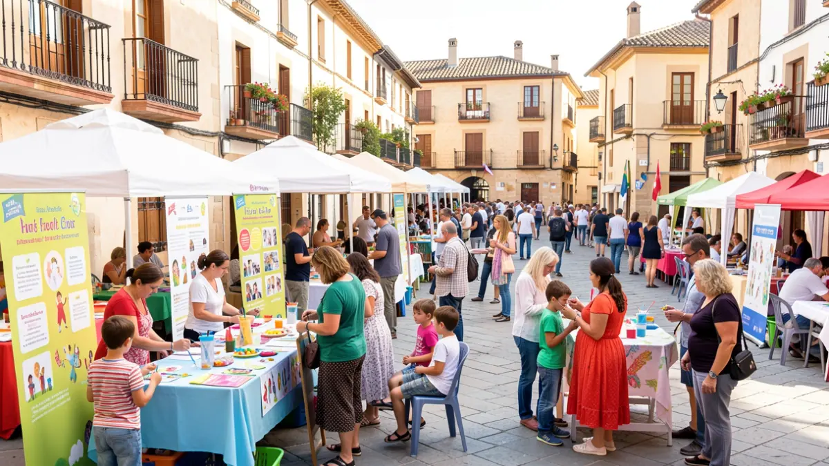 Generic image of a health fair in a Spanish town square with people interacting at booths and activities.