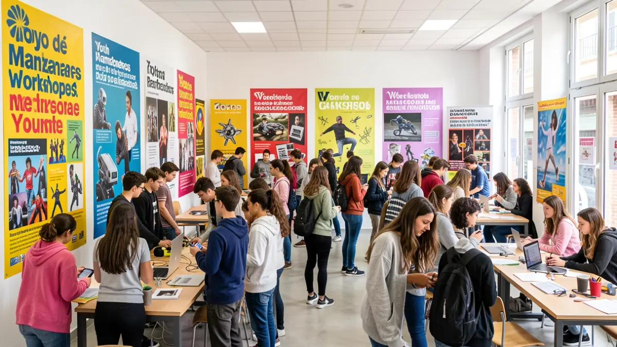 Generic image of a youth center with workshop posters and participating young people.