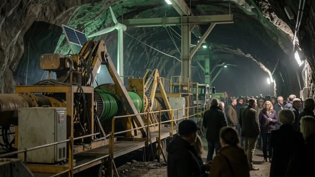 Imagen de maquinaria industrial y elementos de energía verde en una mina.